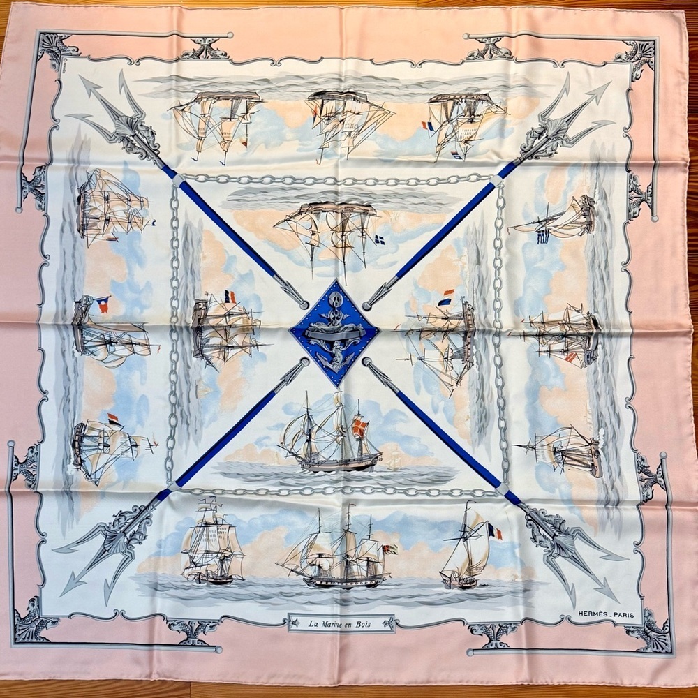 HERMES Never Worn Vintage “The Wooden Marine” Pink Carre 90 Silk Twill Scarf - Picture 5 of 16